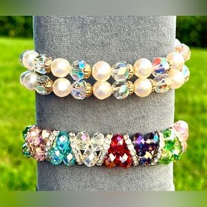 2 bracelets–Double Row Rainbow Rhinestones Stretch Aurora Borealis & Pearl Wrap